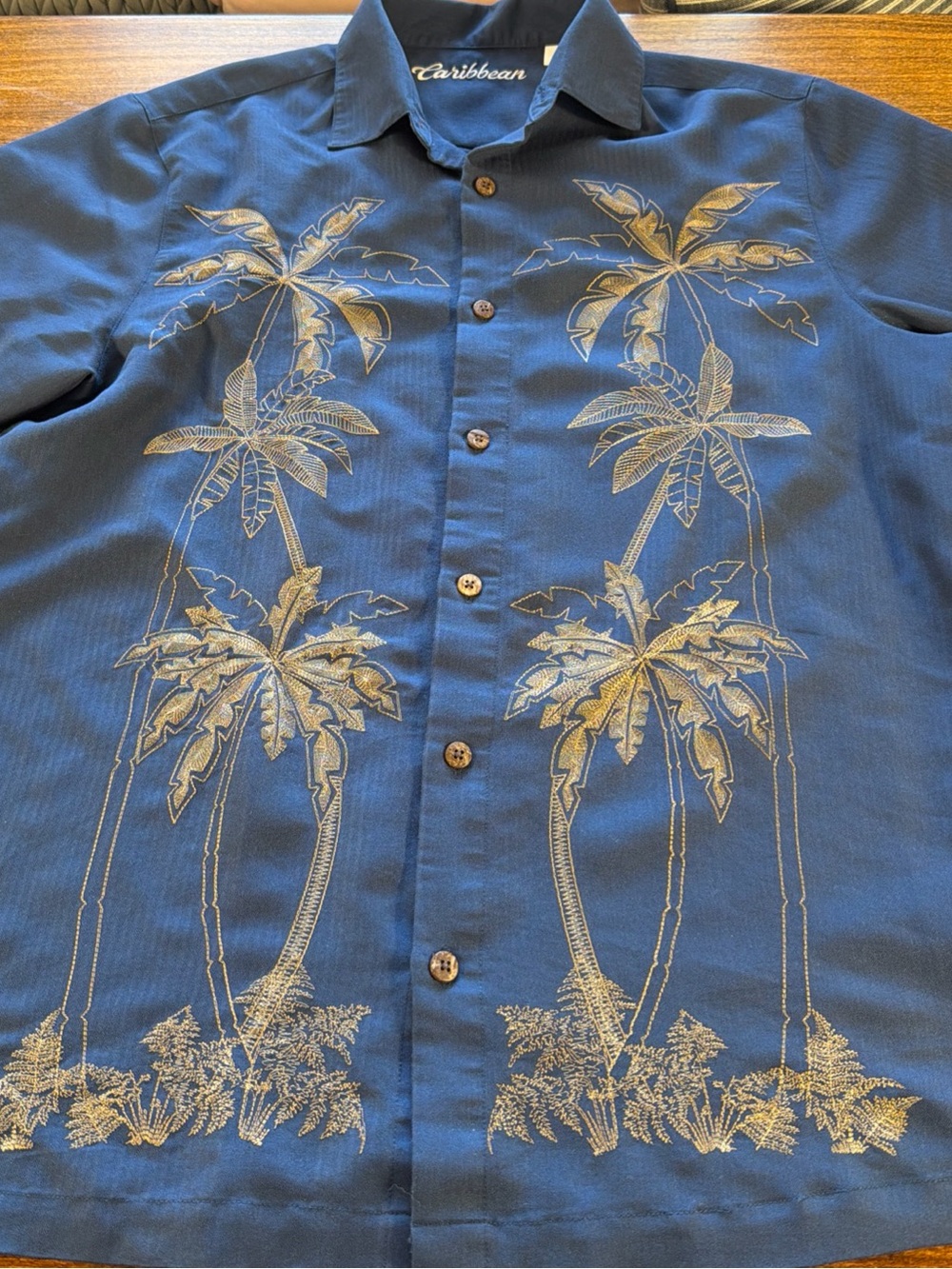 Caribbean Joe Navy Blue Palm-Print Short Sleeve Button-Down Shirt